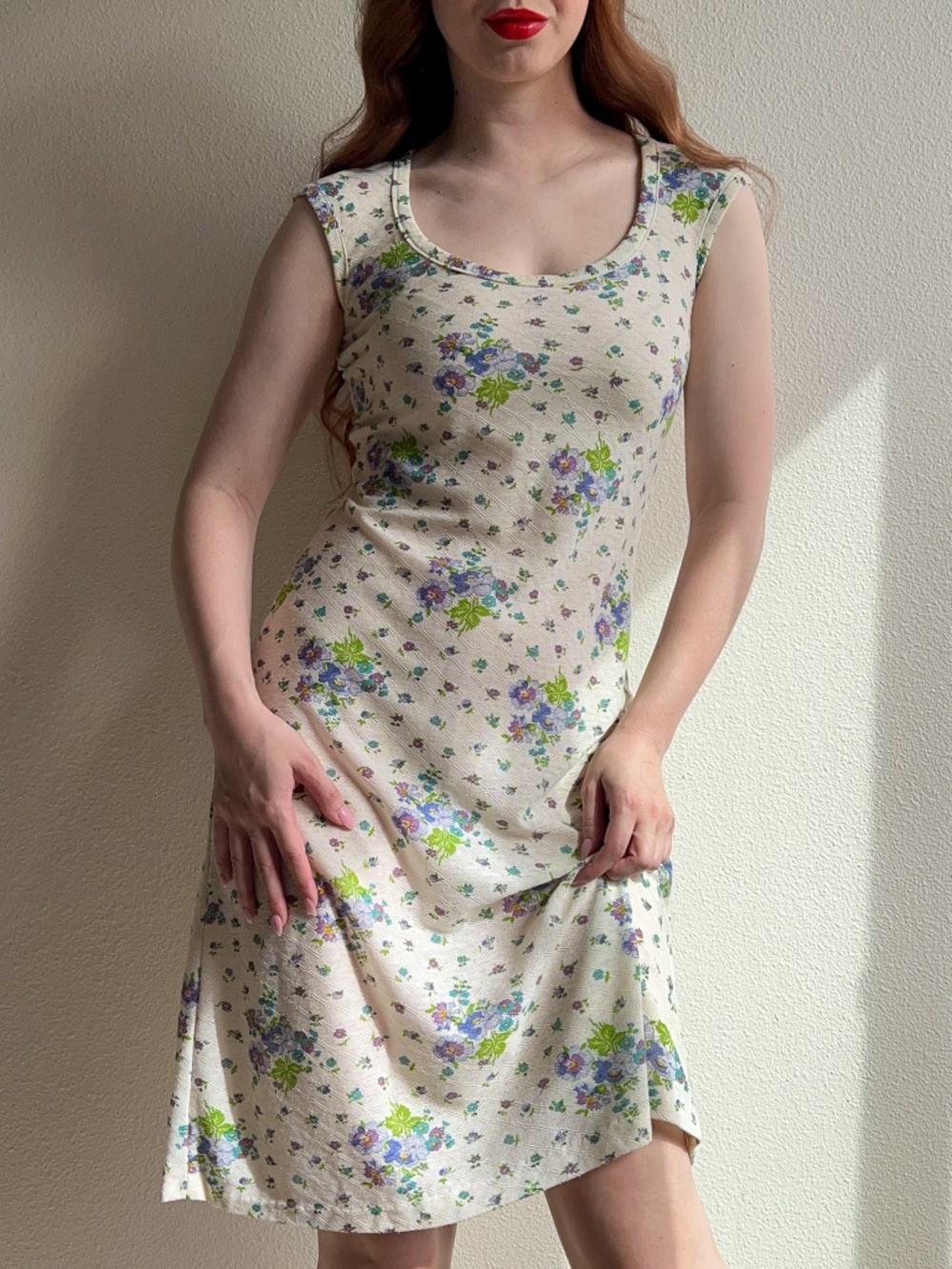 Vintage 1980s Sheer Ivory Knit Dress With Purple Florals (S)